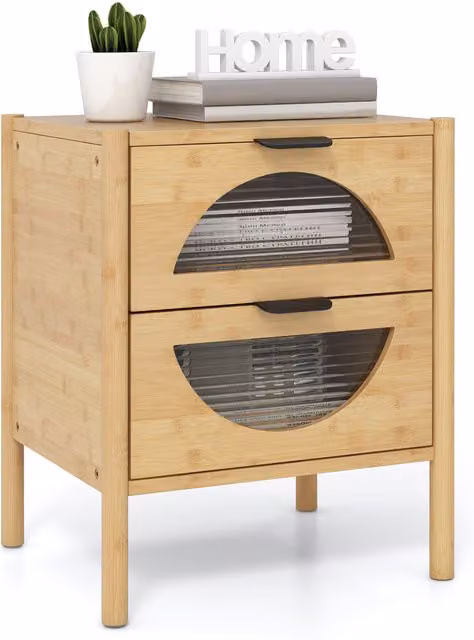 COSTWAY Modern Bamboo Bedside Table in Brown and Beige
