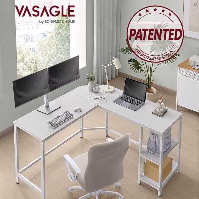 VASAGLE L-Shaped Corner Desk with Removable Storage Shelves in White