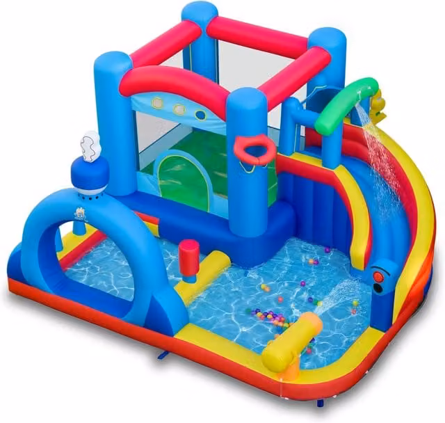 Costway Inflatable Kids Water Park with Slide and Spray in Blue and Multicolour