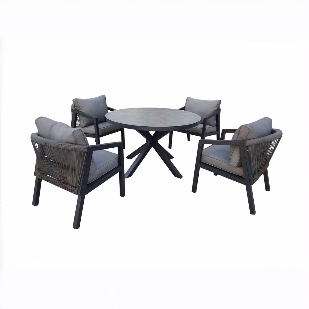 FURNITURE ONE 4 Seater Aluminium Garden Dining Set with 120 cm Round Glass Top Table in Grey and Beige – 2