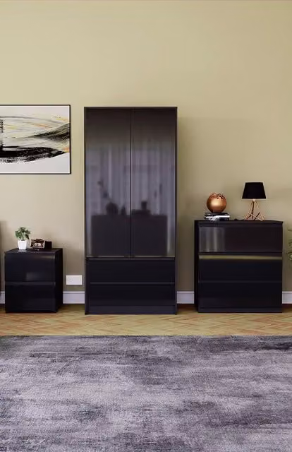 Vida Designs Glinton 3 Piece Black Glossy Bedroom Set Including Wardrobe, 3 Drawer Chest and 2 Bedside Tables