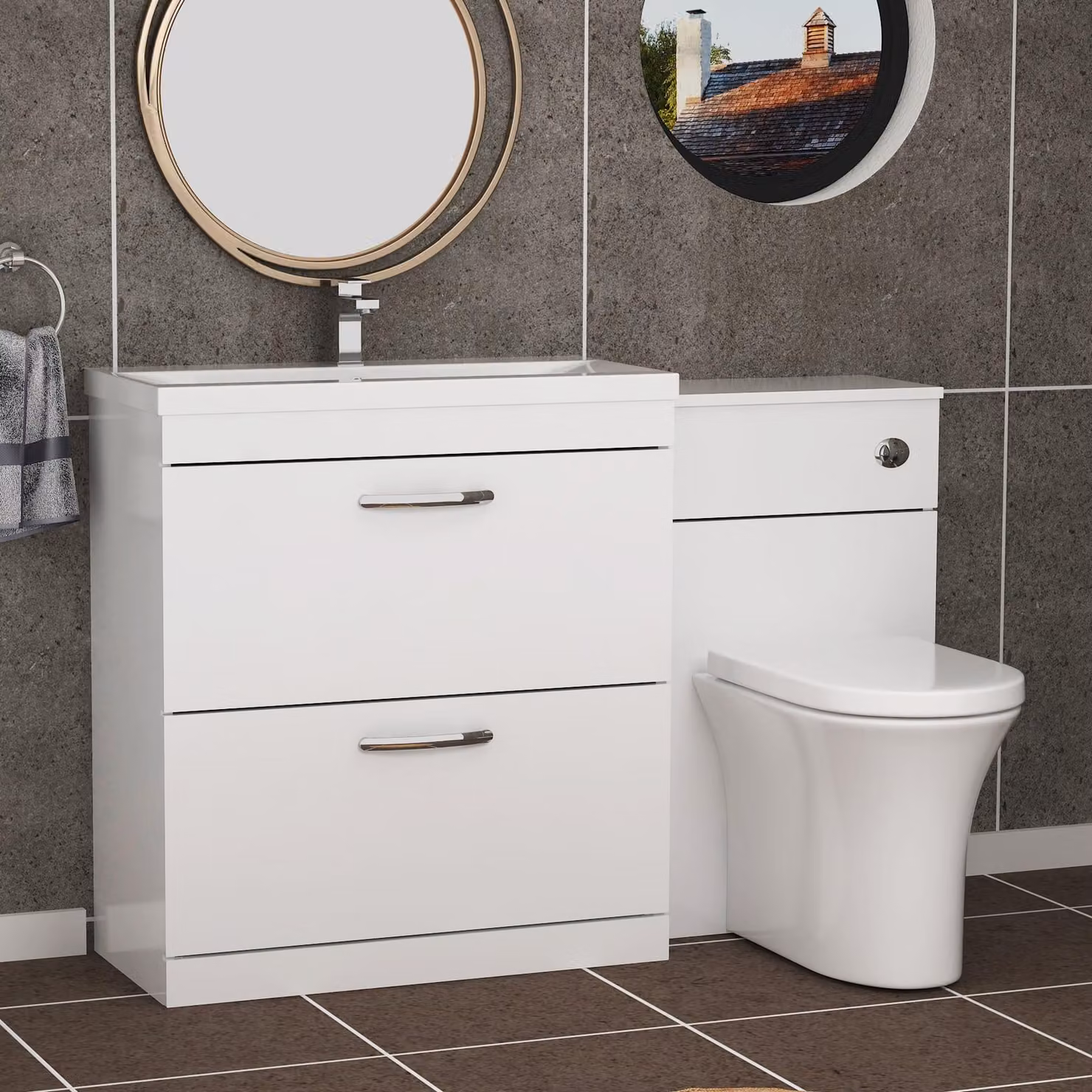 Royal Bathrooms Gloss White 2 Drawer Vanity Unit with Mid Edge Basin and Breeze Back to Wall Toilet, Width: 130 cm