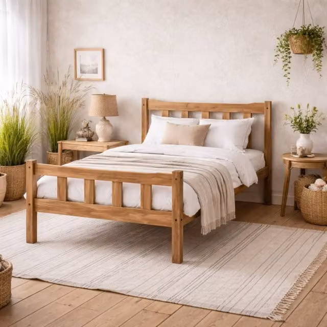 Wyld Haus Tralee King Size Bed in Brown Waxed Solid Pine with Slatted Headboard and Footboard, W/D/H: 180 x 200 x 96 cm