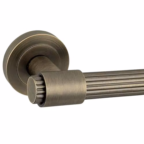 AXS Hardware Nevada Door Handle Pair on Rose in Antique Brass with Stepped Collar Design