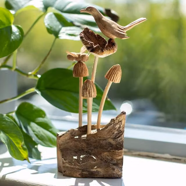 Serenityy Handmade Parasite Wood Carving featuring Bird, Bee and Mushrooms in Brown