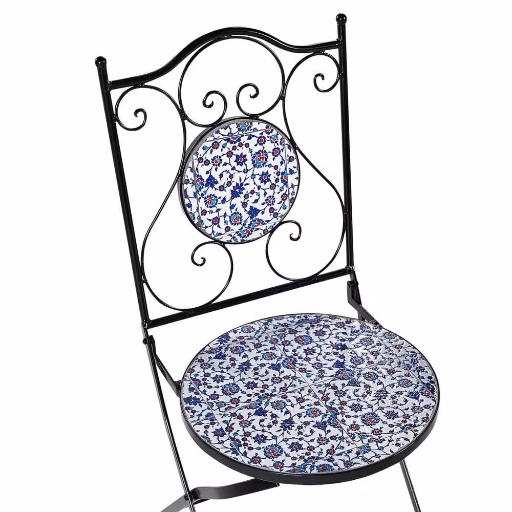 Wyld and Coco Mediterranean Bistro Set in Black Powder Coated Iron and Blue Floral Ceramic – 4