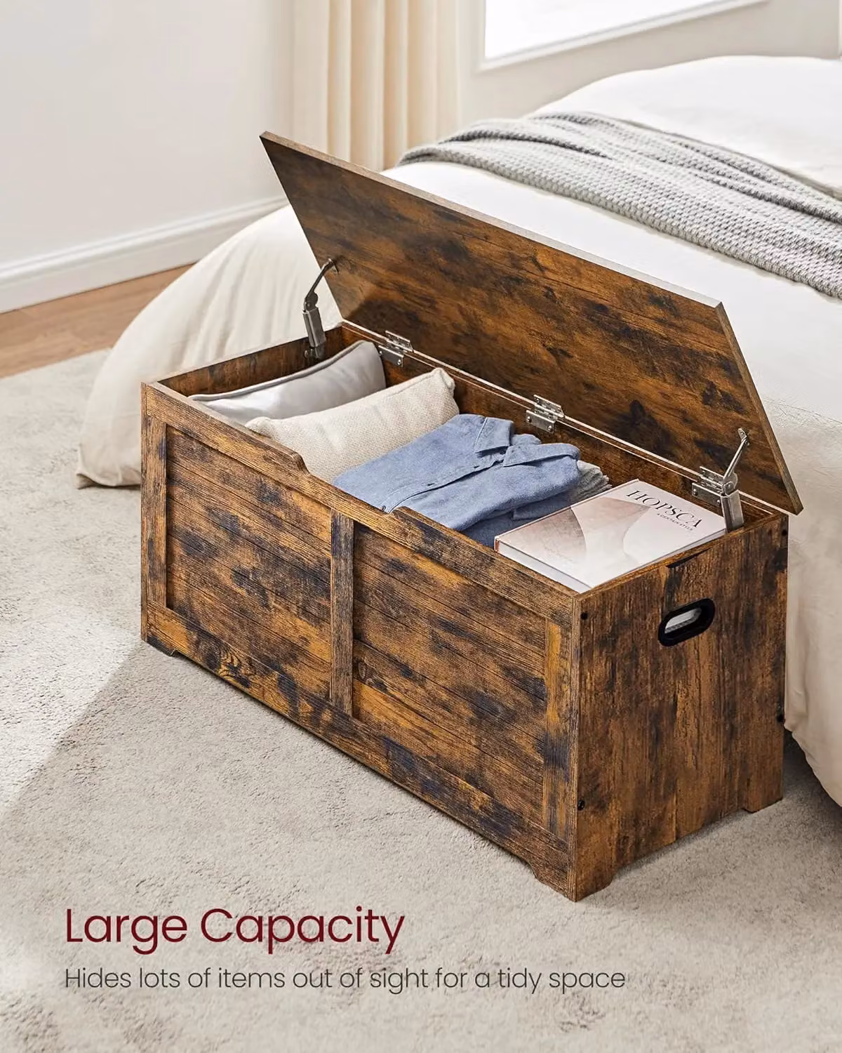 VASAGLE Large Farmhouse Storage Bench and Blanket Box Chest in Brown – 3