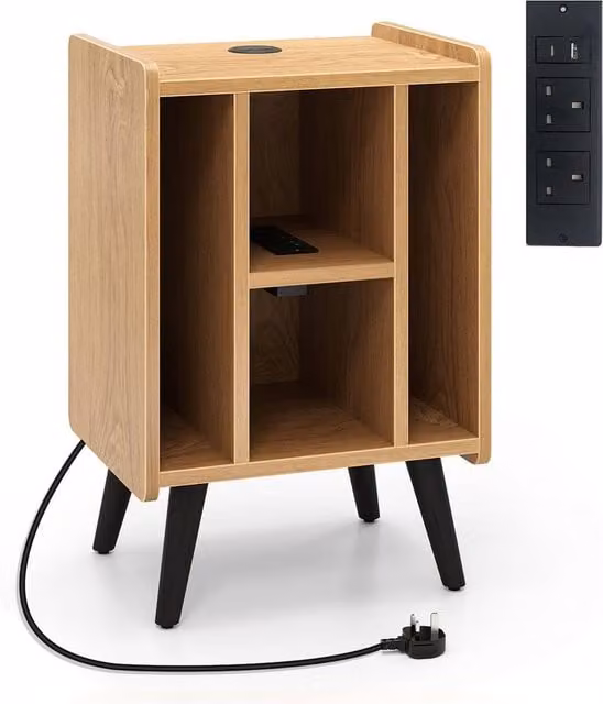 Gymax Record Player Stand with 4 Open Shelves and Charging Port in Beige – 1