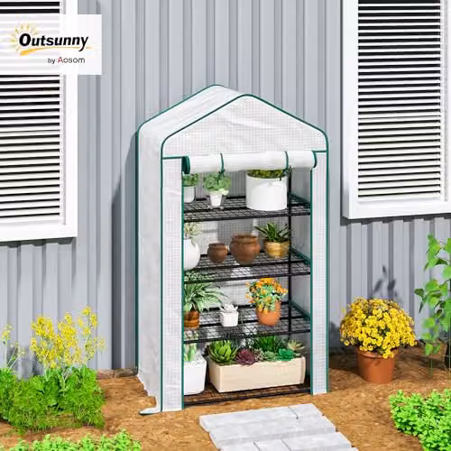 Outsunny Portable Mini Greenhouse with 4 Shelves, White, W/D/H: 90 x 49 x 160 cm – 2