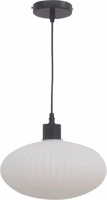 First Choice Lighting Baton LED Pendant Light with White Ribbed Oval Glass and Black Fitting