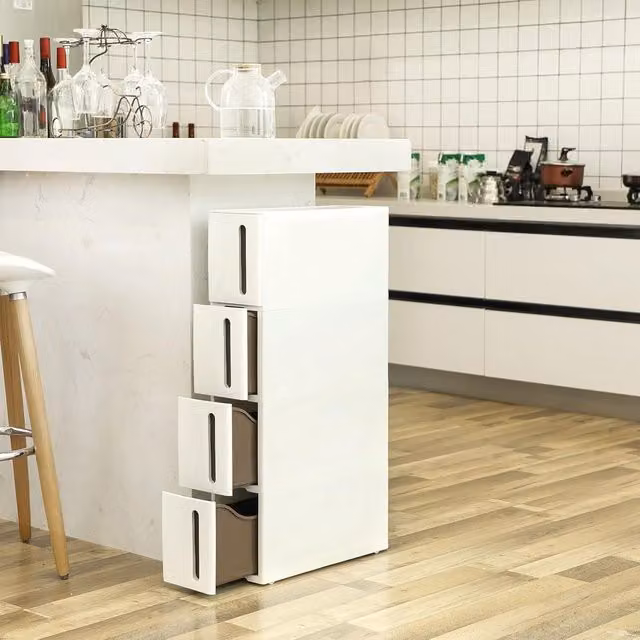 SONGMICS Slim Storage Tower on Wheels with 4 Tier Plastic Shelves in Brown