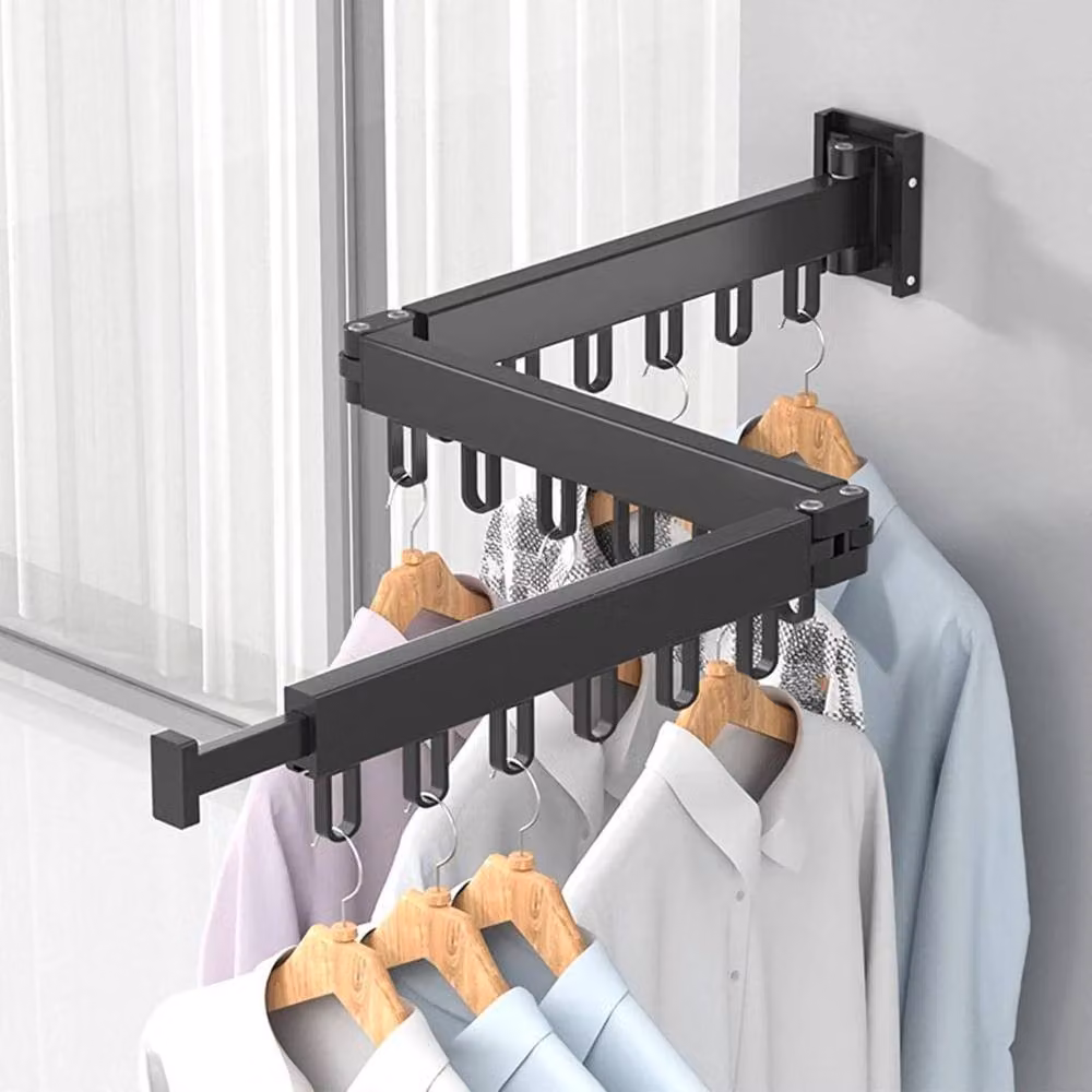 NESTLUNE Wall Mounted Folding Laundry Drying Rack and Retractable Clothes Hanger in Black, W: 100 cm, D: 15 cm, H: 15 cm – 3