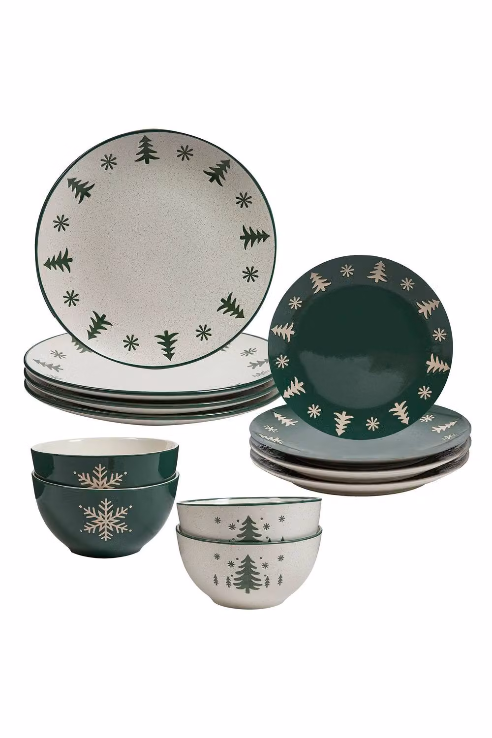 Dibor Snowy Forest Stoneware Christmas Dinner Set for 4 People, 12 Pieces, Green and White – 2