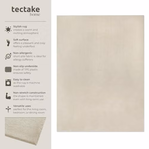tectake Allergy-Friendly Short-Pile Fluffy Rug in Beige, Washable and Non-Slip, W/D: 140 x 200 cm