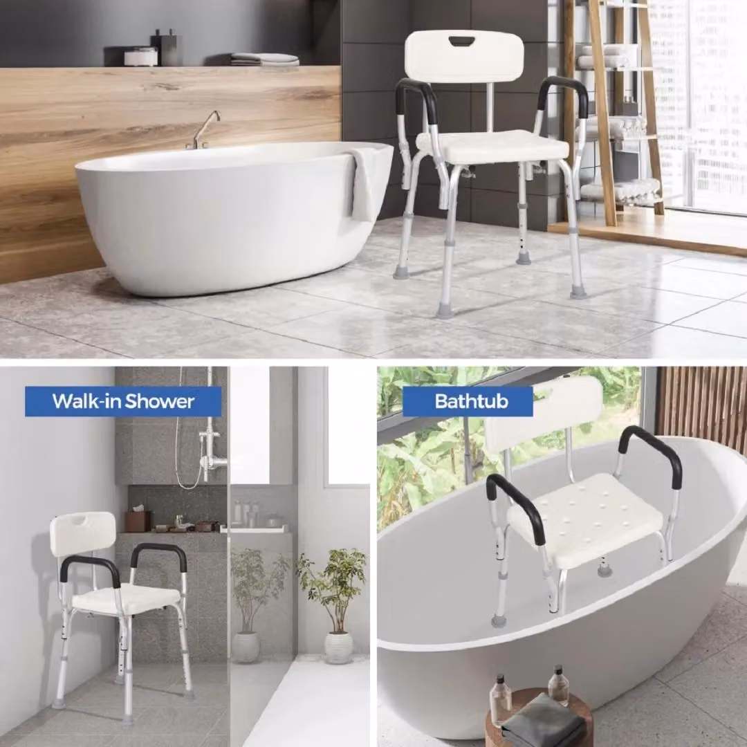 EONLION Non-Slip Height Adjustable Shower Chair in White, H 84.2 x W 48.5 x D 41.5 cm – 3