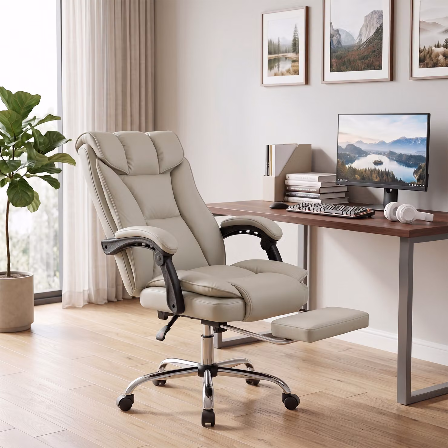 HOMCOM Pet-Friendly Faux Leather Executive Office Chair with Footrest and Headrest, Beige, W/D/H: 66 x 46 x 120 cm – 5