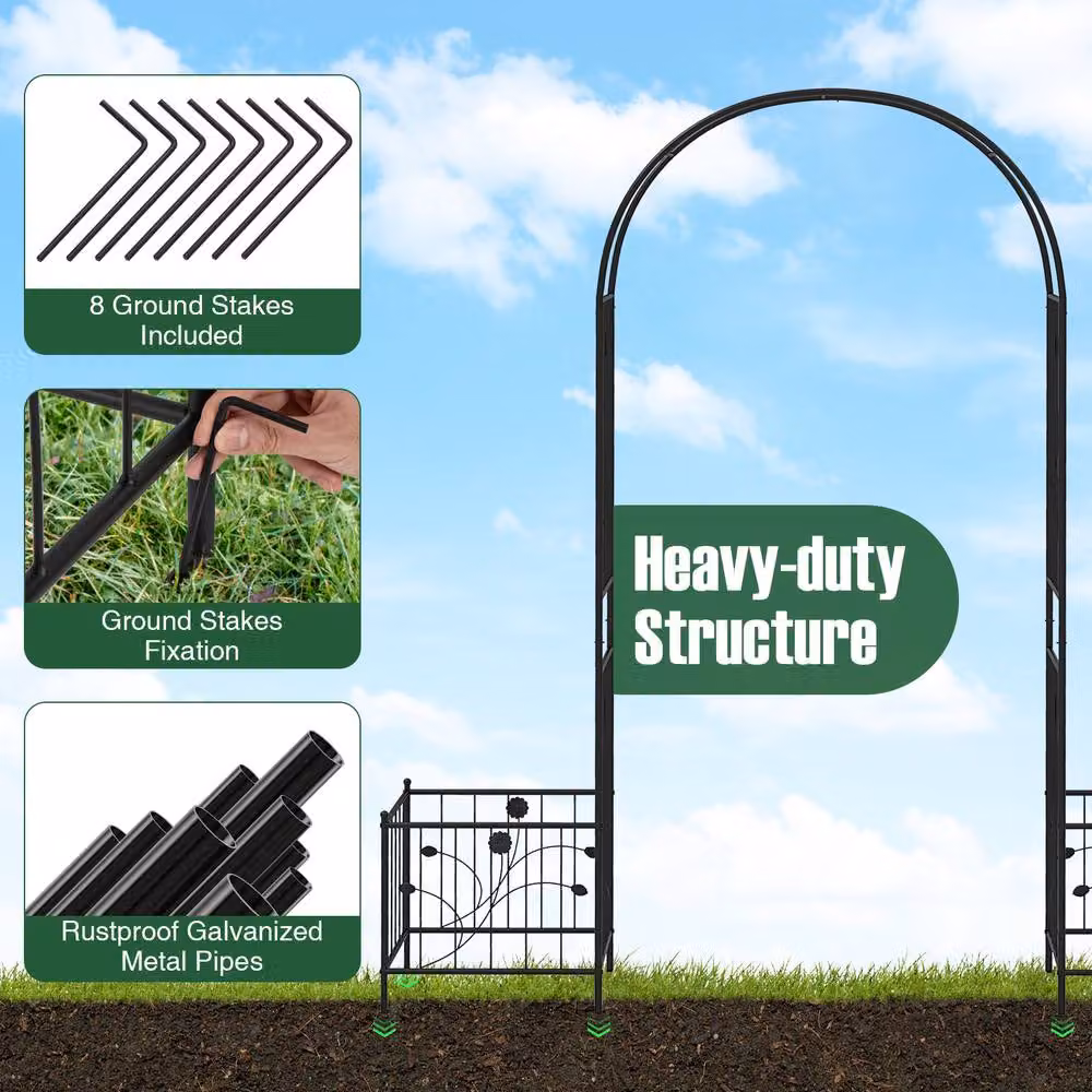 Gymax Metal Garden Arbor Arch Trellis with Planter Boxes in Black, Height: 217 cm – 7