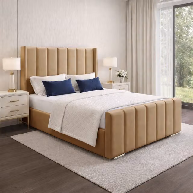 Desire Deco Modern Upholstered Velvet Panel Bed Frame in Orange and Beige, W/D/H: 140 x 200 cm