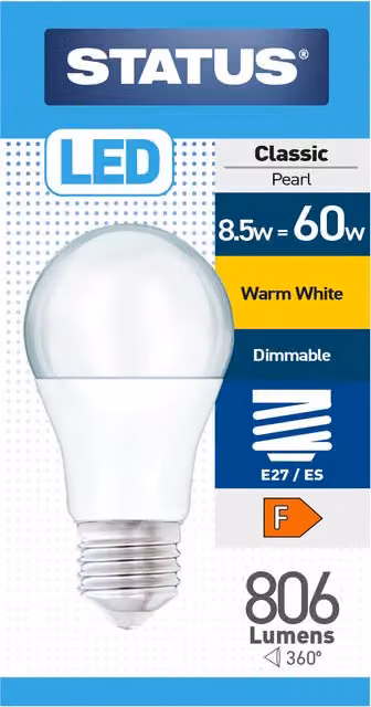 Status 8.5W E27 Dimmable Pearl LED Bulbs, Warm White (60W Equivalent)