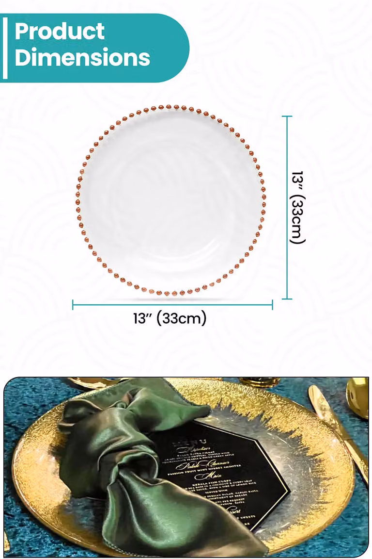 Neel Blue Set of 6 Beaded Design Glass Charger Plates in Blue and Rose Gold, Diameter: 33 cm
