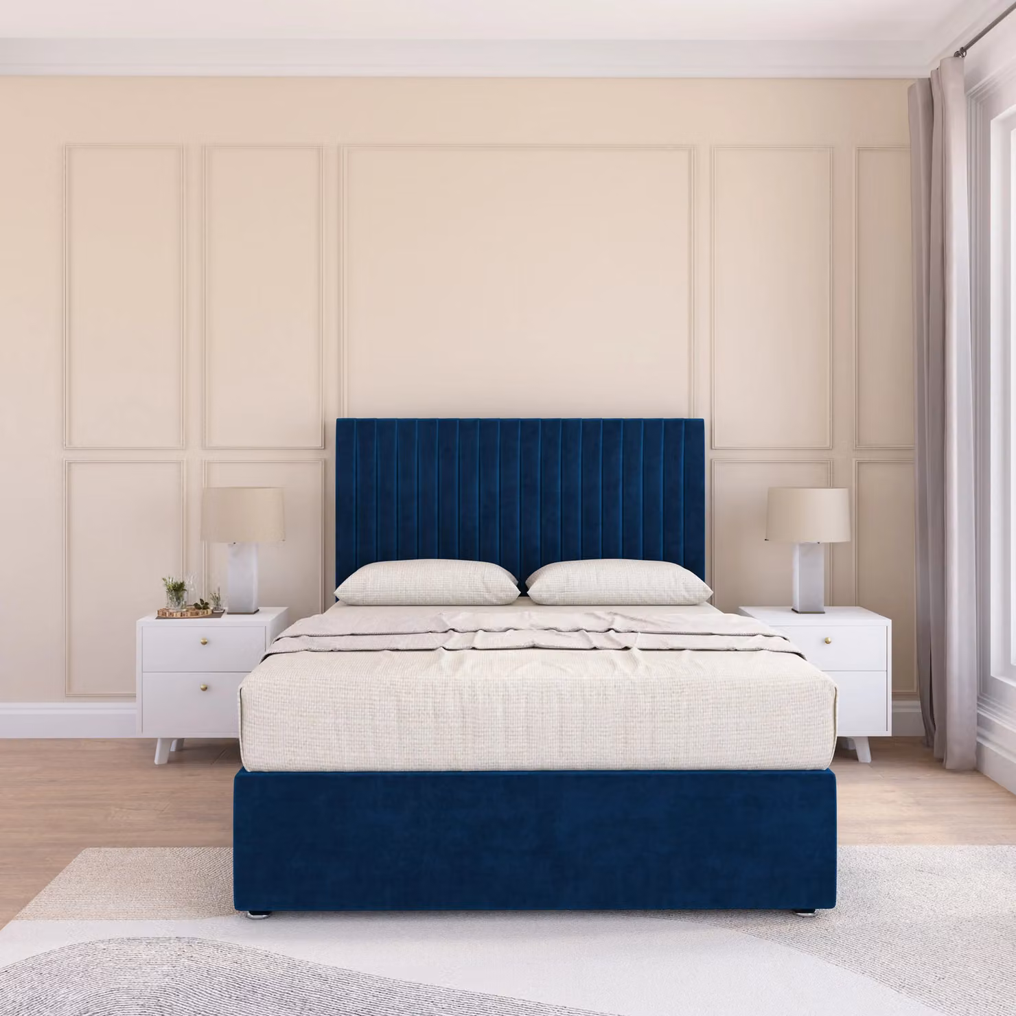 Sloomy Manhattan Super King Divan Bed Base with Floor Standing Headboard in Navy Blue Velvet