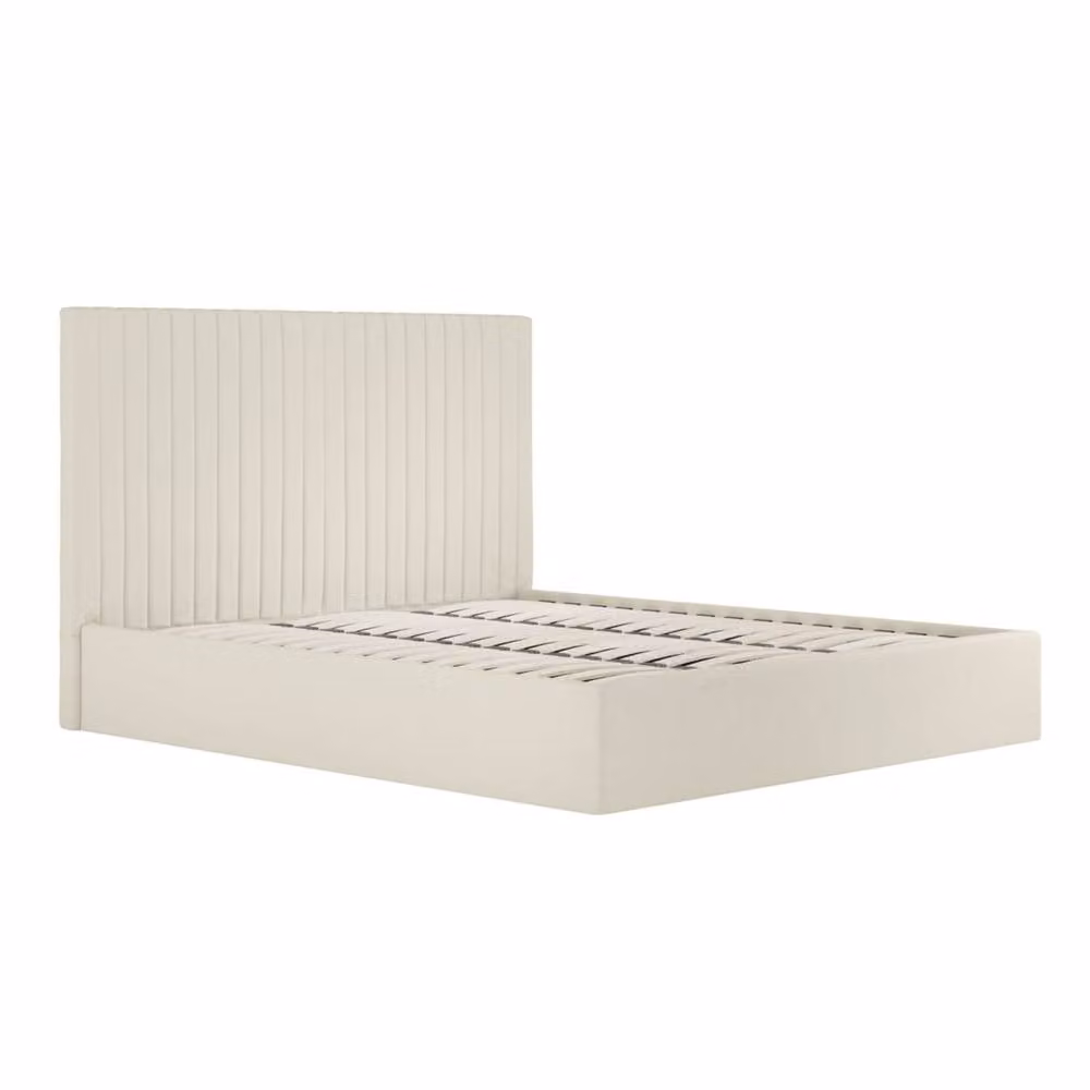 Wyld Haus Dublin Cream Upholstered Ottoman Double Bed with Tall Ribbed Headboard, W/D/H: 140 x 200 x 154 cm – 2