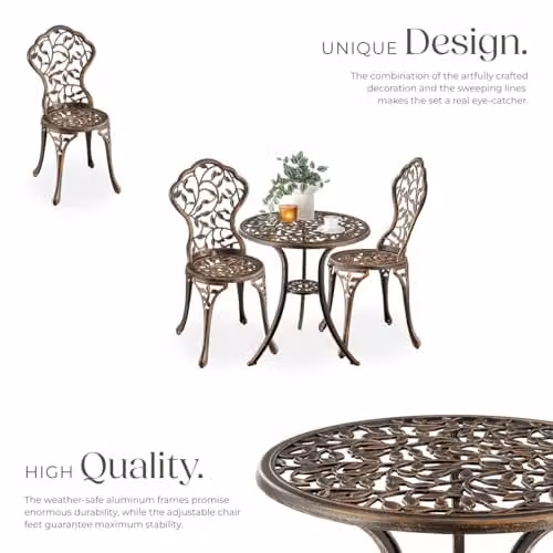 tectake Lyon 3-Piece Bistro Set for 2 People, Antique Bronze Powder Coated Aluminium Garden Table and Chairs with Floral Pattern for Balcony and Terrace – 3