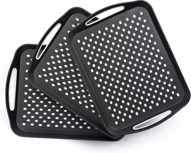 Essen 3-Pack Non-Slip Rectangular Serving Tray Set with Handles in Black