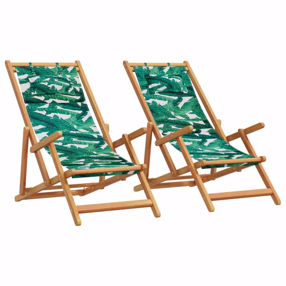 Berkfield Home Set of 2 Folding Beach Chairs with Floral Fabric and Treated Hardwood Frame in Green, Brown and Multicolour – 2