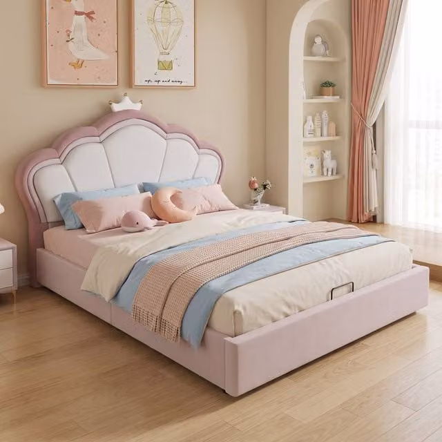 STILVORA Pink Velvet Upholstered Double Bed with Lift Up Storage Base, W/D/H: 140 x 200 cm – 1