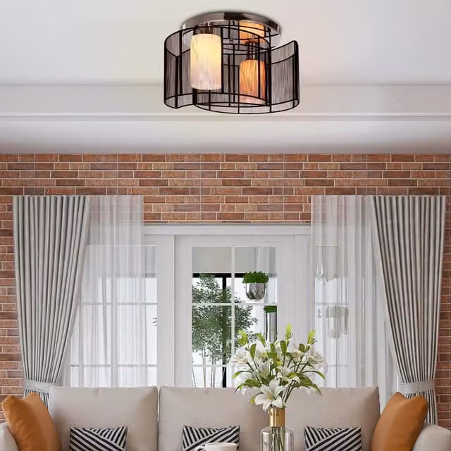 HOMCOM Modern Flush Mount Ceiling Light with Wire Drawing Lampshade in Chrome, Black and White – 1