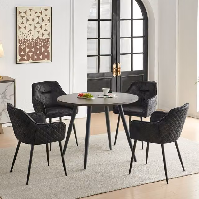 SONARA Dark Walnut Round Dining Table and 4 Black Faux Suede Dining Chairs Set – 1