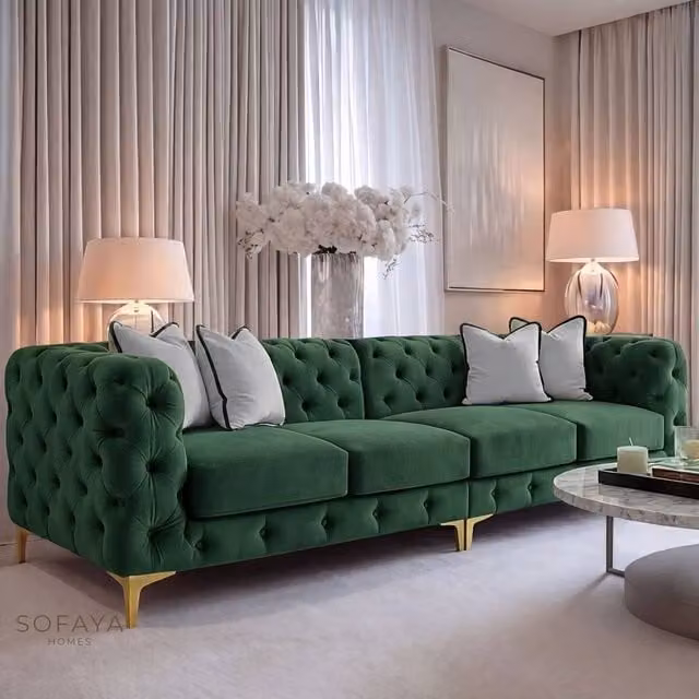 Sofaya Monaco Chesterfield 4 Seater L-Shape Velvet Sofa in Green with Scatter Cushions – 1