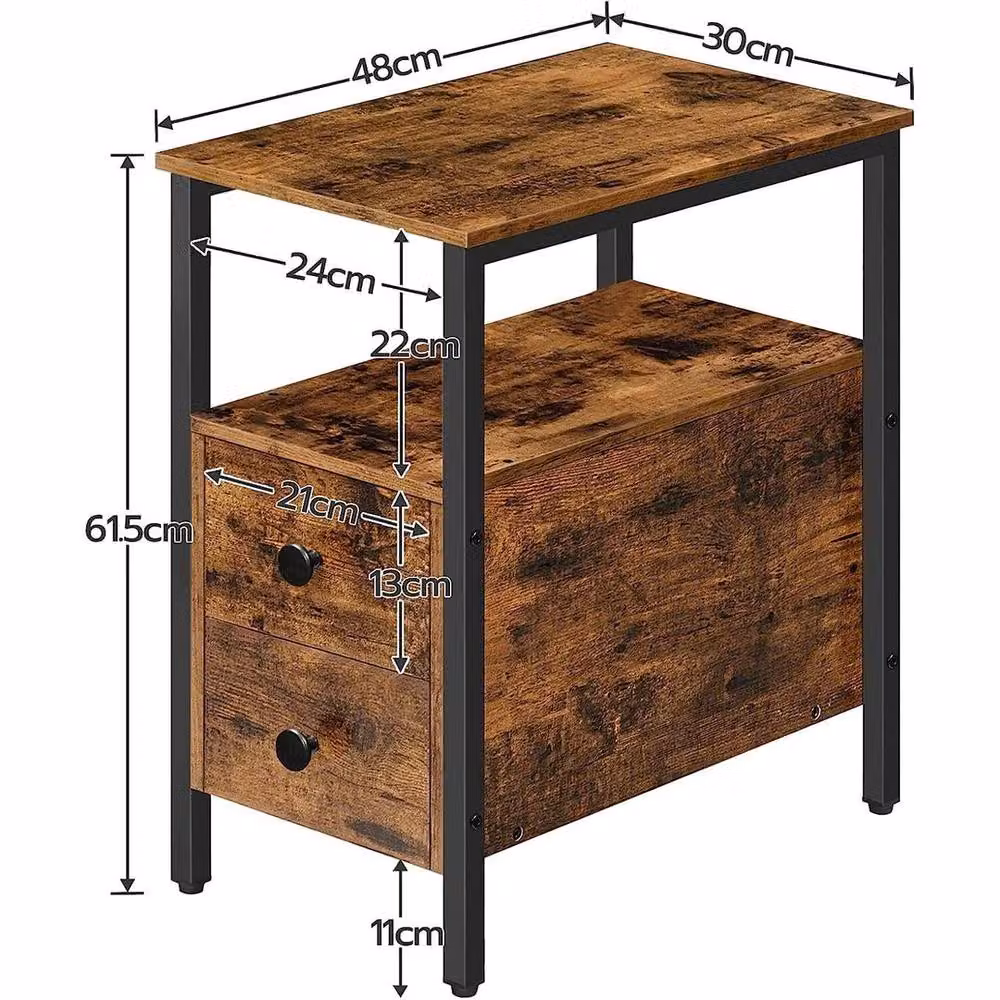 PAWNORA Rustic Brown Bedside Table with 2 Drawers, H: 61.5 cm, W: 30 cm, D: 30 cm – 2