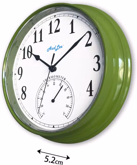 Audlee Round Analog Tub Wall Clock with Thermometer in Green and Yellow