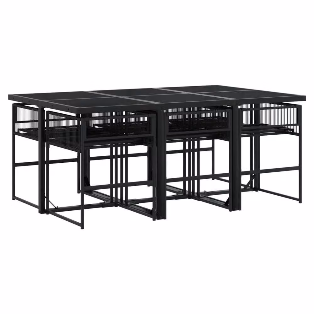Berkfield Home 7 Piece Black Poly Rattan Garden Dining Set with Glass Rectangular Table – 2