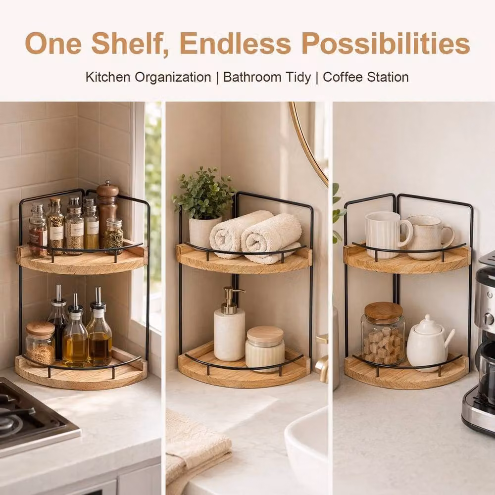 Kelvenix 2-Tier Industrial Corner Bathroom Counter Organizer Shelf in Brown – 3