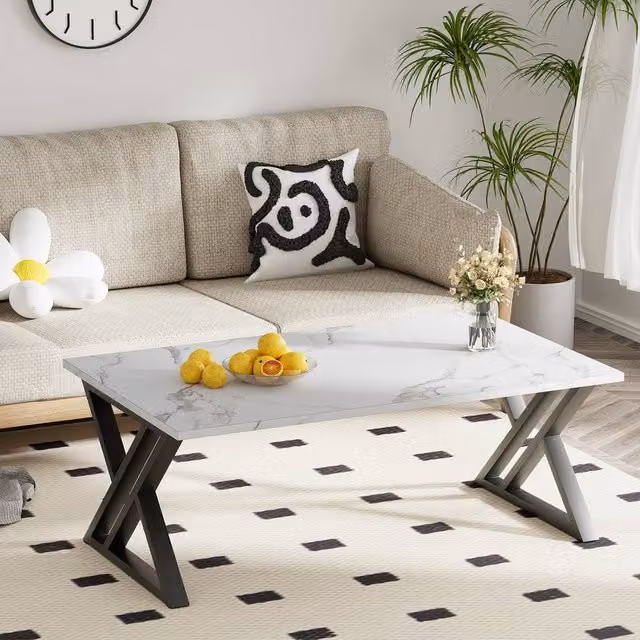 Huhote Rectangular Coffee Table with Metal Frame and Composite Top in White and Multicolour – 1