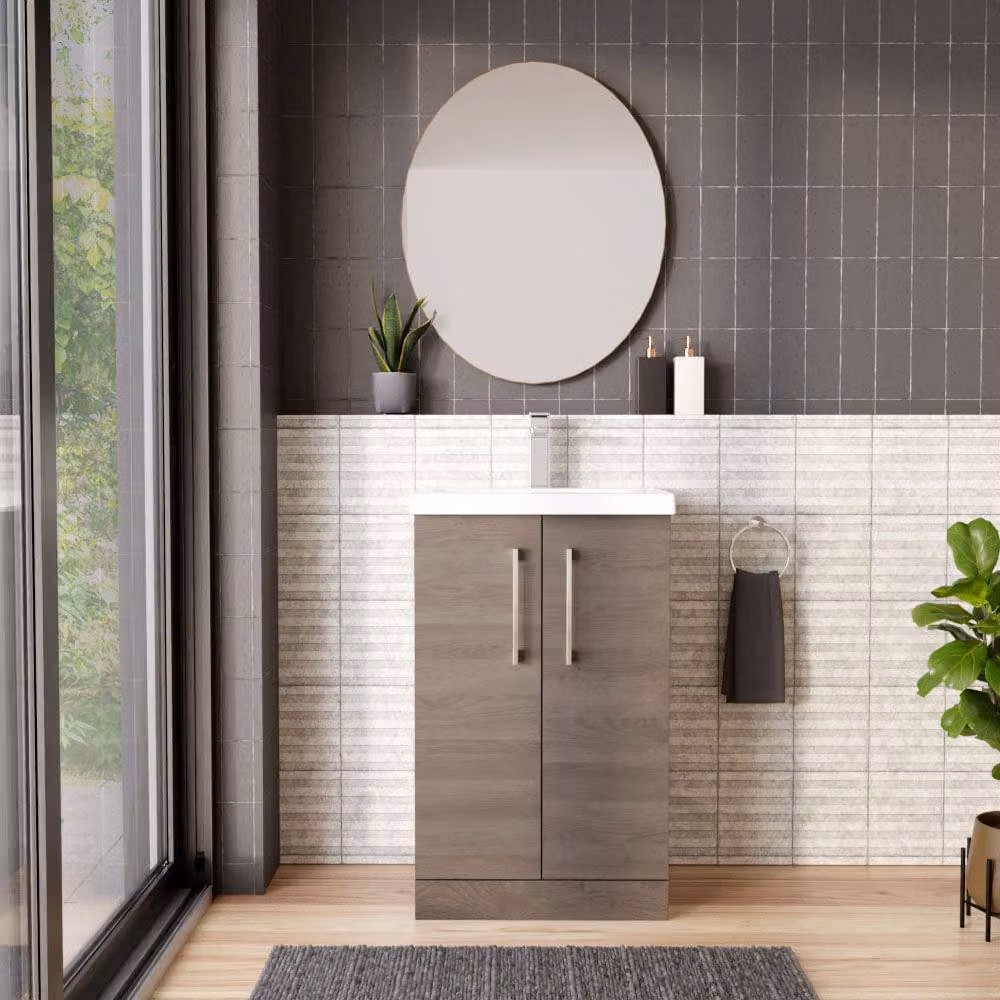 Balterley Contemporary Floor Standing 2-Door Bathroom Vanity Unit with Mid-Edge Ceramic Basin, Solace Oak Brown, W/D/H: 51 x 39 x 84 cm – 2