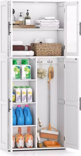 Gymax White Freestanding Utility Broom Closet Storage Cabinet with Hinged Doors and Internal Shelves
