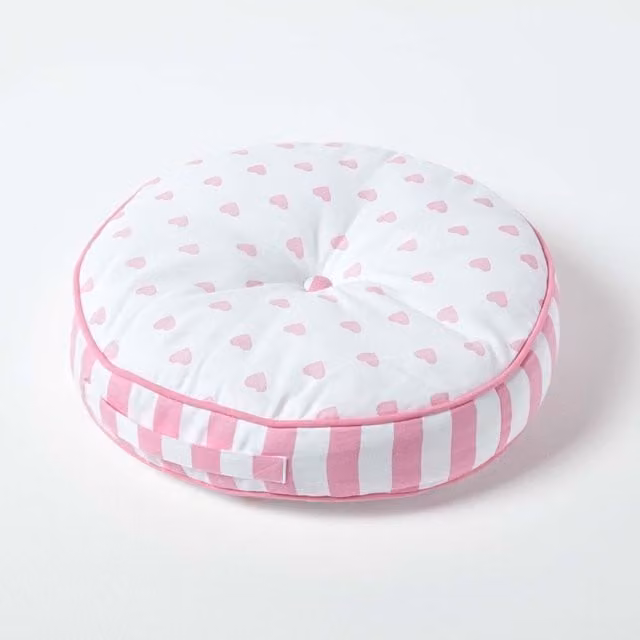Homescapes Round Childrens Floor Cushion in Pink, White and Grey