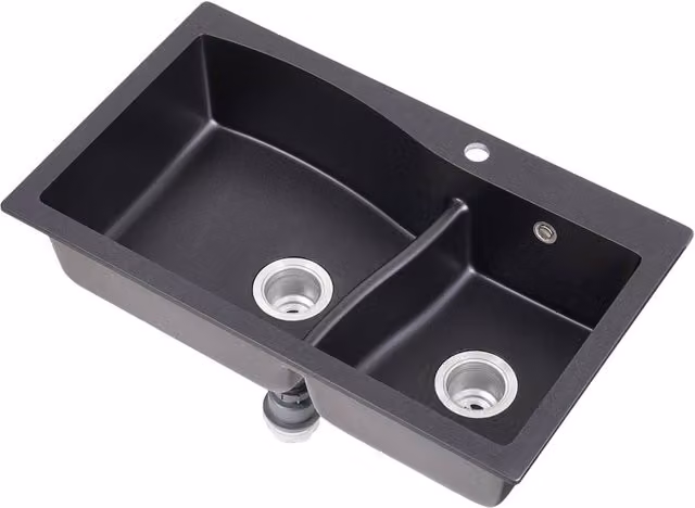 Living and Home Modern Double Bowl Quartz Resin Composite Kitchen Sink with Waste Kit in Black W/D/H: 81.0 x 48.0 x 8.2 cm – 1