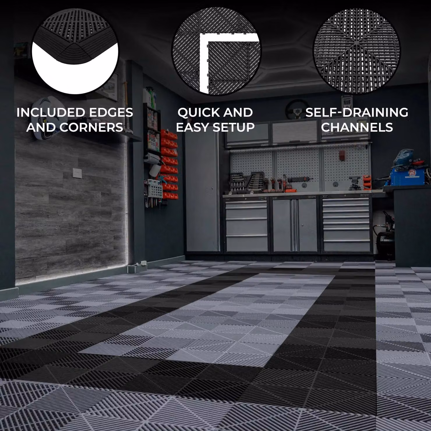 Monstershop Industrial Vented Garage Floor Tiles with Edges, Plastic, 90 Grey and 30 Black – 2