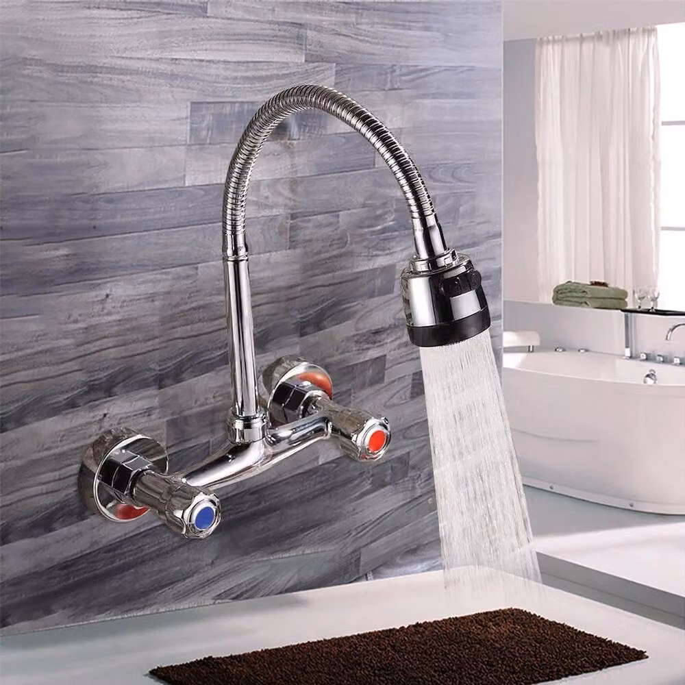 Ventryn Wall Mounted Kitchen Mixer Faucet with Swivel Spout and Spray Function in Chrome Silver – 3