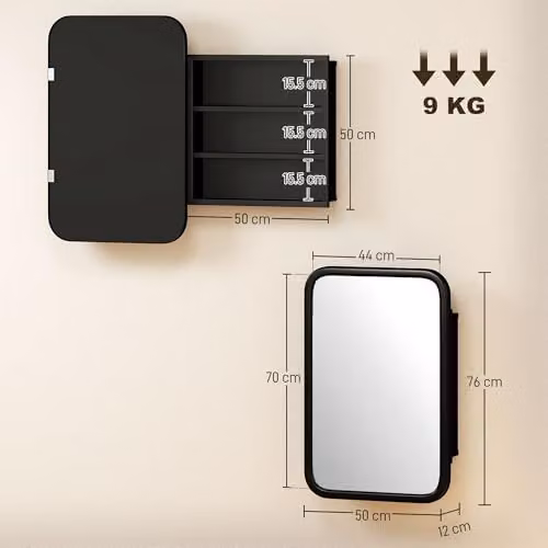 HOMCOM Modern Wall Mounted Bathroom Cabinet with Mirror and Internal Shelves, Black – 6