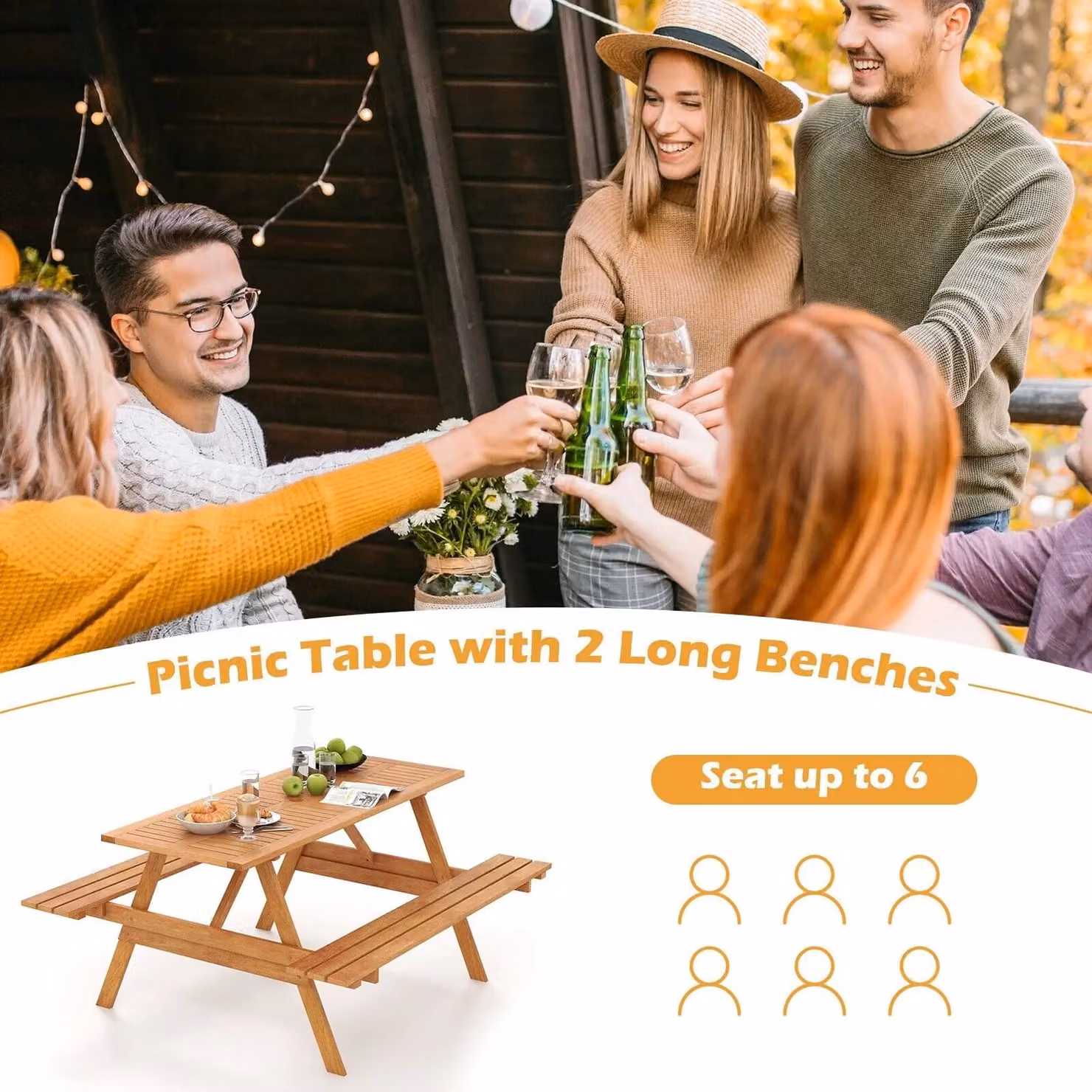 Gymax Natural Wood Outdoor Picnic Dining Table Set with 2 Built-in Benches for Garden and Patio – 4