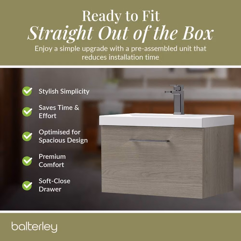 Balterley Mid Oak 600mm Wall Hung 1 Drawer Vanity Basin Unit with Pewter Handle in Brown – 4