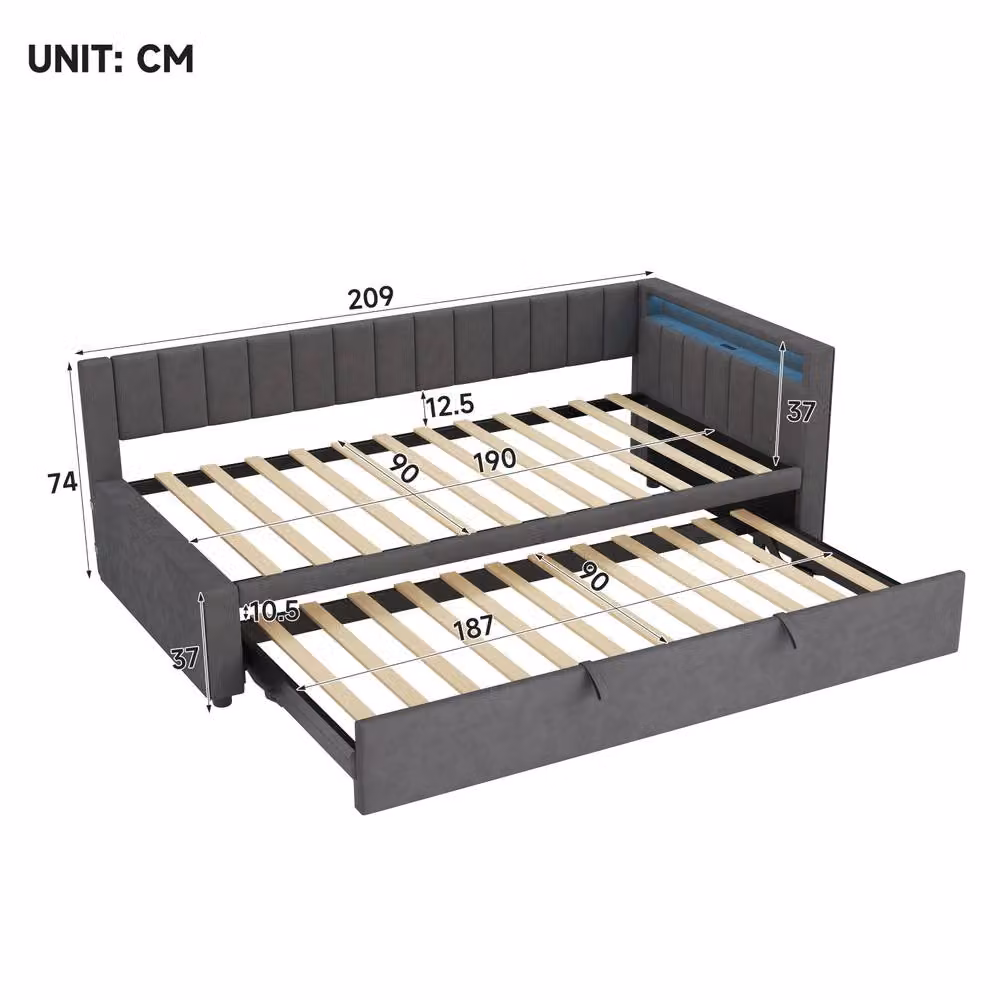 STILVORA Modern Single Bed Frame in Grey Velvet with Side Compartments, USB Charging Port and Under-bed Lighting, W/D/H: 90 x 190 cm – 2