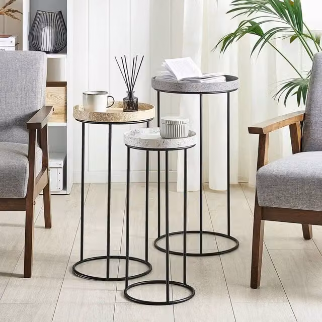 Wyld and Coco Three-Piece Marble-Effect Nesting Side Tables with Black Openwork Metal Frame