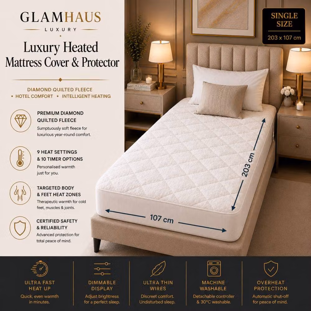 Glamhaus Single Fleece Electric Blanket in White with 9 Heat and 10 Timer Settings – 2